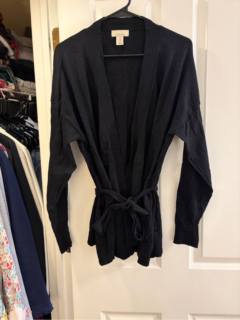 H&M Cashmere Blend Black Open-Front Tie-Waist Cardigan